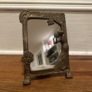 VTG Vanity Mirror Solid Brass Art Nouveau  "Lady of the Lake" 12.5"x 9"